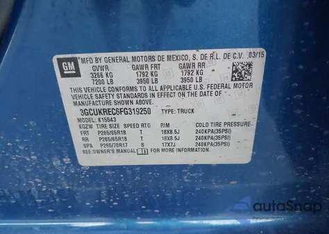 2015 Chevrolet Silverado 1500 2Lt из США, поврежденный, VIN 3GCUKREC6FG319250